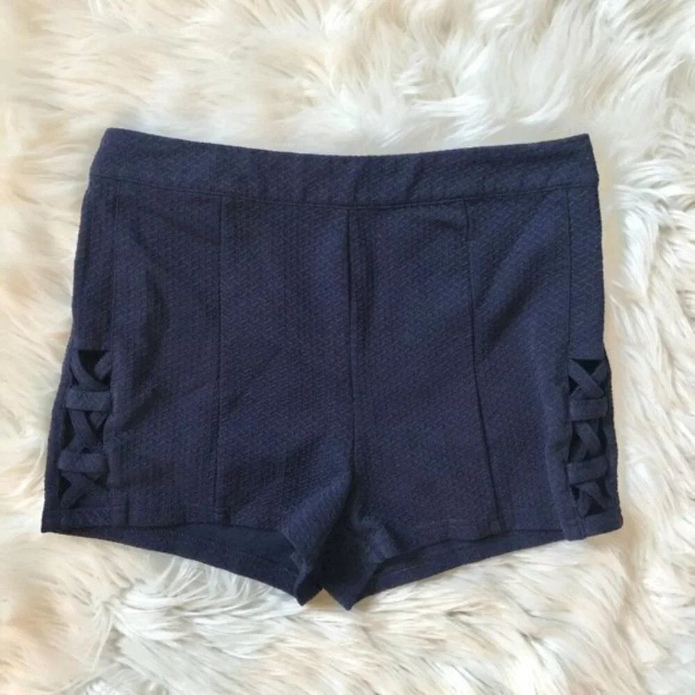 Forever 21 Navy Blue Textured High Waist Shorts Cutouts